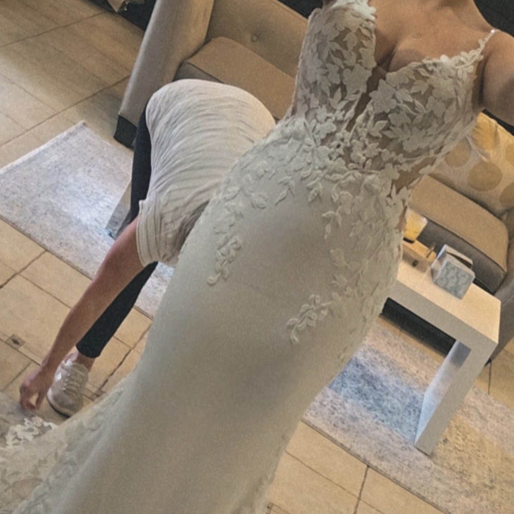 White Plunge Neck Long Sleeve Sheath Wedding Gown